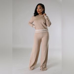 Tan Lounge Set with Race Stripe White Accents Inseam 32"